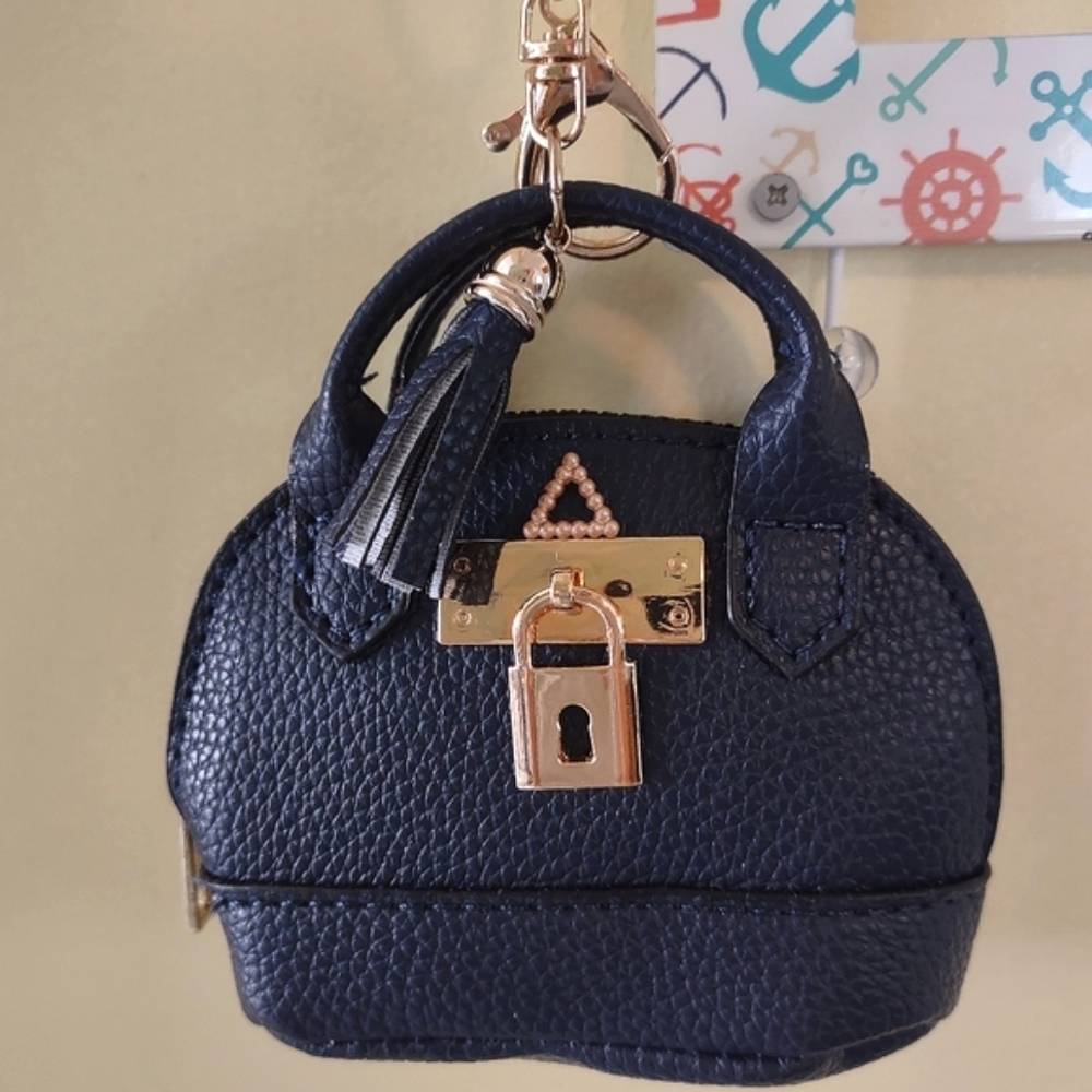 Navy Blue & Rose Gold Leather Mini Handbags Purse Charm